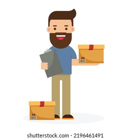 Cardboard boxes in warehouse. Man workers