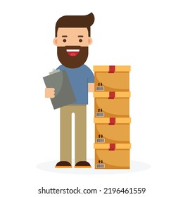 Cardboard boxes in warehouse. Man workers