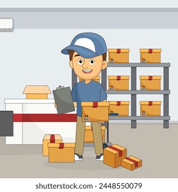 Cardboard boxes in warehouse. Man workers