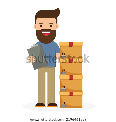 Cardboard boxes in warehouse. Man workers