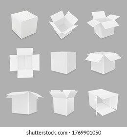 Cardboard boxes white in different positions, angles realistic mockups set. Carton containers templates. Paperboard packaging open, closed for delivery, postal parcels vector isolated collection.