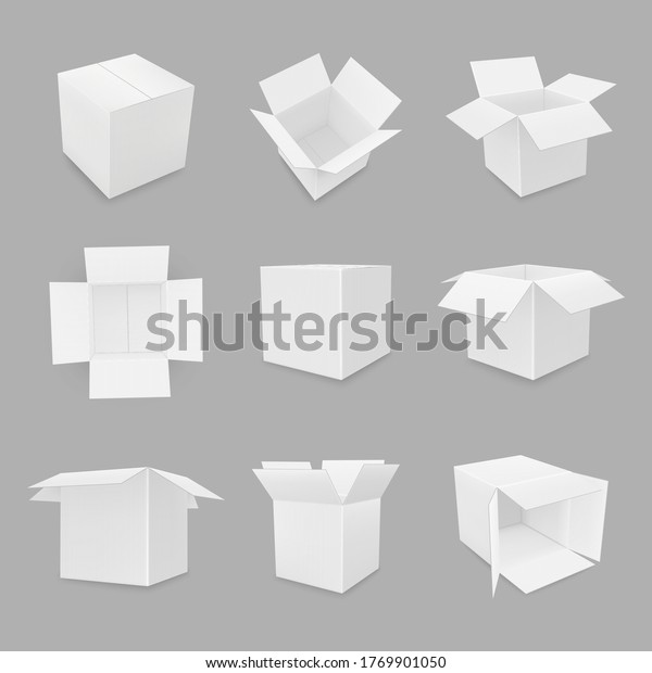 Cardboard Boxes White In Different Positions Angles Realistic Mockups 