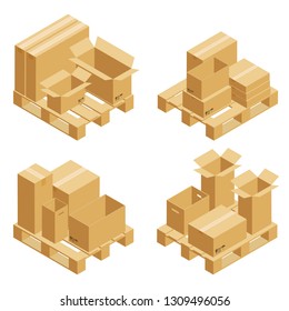 Cardboard boxes and wood pallet isometric set isolated on white background. Vector carton packaging box images.