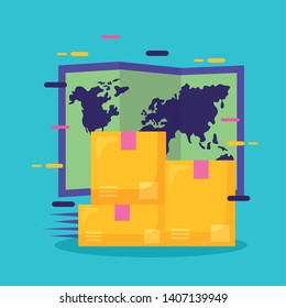 cardboard boxes world map fast delivery business vector illustration