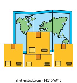 cardboard boxes world map fast delivery business vector illustration