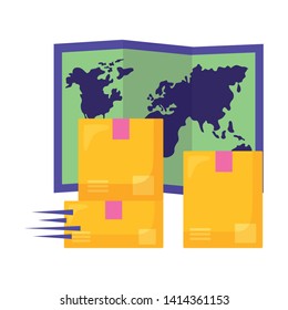 cardboard boxes world map fast delivery business vector illustration