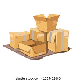 Cardboard broken boxes on wooden pallet vector illustration. Cartoon pile of damaged packages with different damages of bad delivery, isolated crumpled and wrinkled paper containers, open parcel box - Shutterstock ID 2255422693
