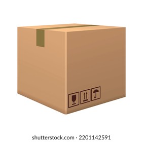 Cardboard brown box. Closed packaging for parcels and delivery of orders. Design element for advertising and social media. Realistic isometric vector illustration isolated on white background