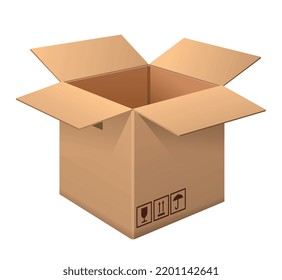 Caja marrón de cartón. Mockup o diseño de paquetes para paquetes. Abrir contenedor. Elemento de diseño para afiches promocionales y sitios web. Ilustración vectorial isométrica realista aislada en fondo blanco