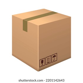 Cardboard brown box. Square closed container for packing and shipping parcels or orders. Design element for websites and mail apps. Realistic isometric vector illustration isolated on white background