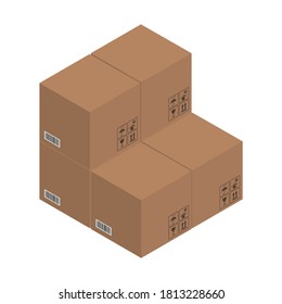 Cardboard brown boxes, crate boxes 3d, isometric boxes. Vector illustration.