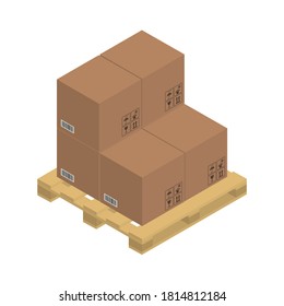 Cardboard brown boxes on the wooden pallet, isometric graphics. Vector illustration.