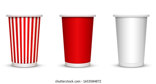 Cardboard cap for popcorn and coffee, in a striped red and white version. Vector illustration. Eps10.