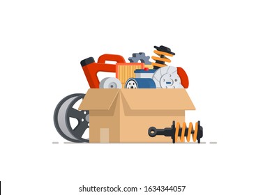 Cardboard with car parts. Various auto accessories. Concept for shop. Vector illustration isolated on white background.
