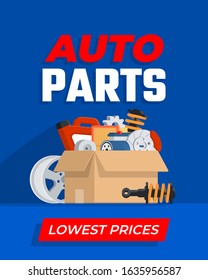 Cardboard with car parts. Various auto accessories. Concept for shop. Vector illustration in flat style