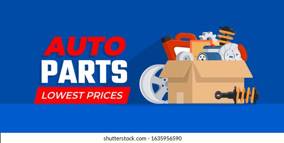 Cardboard with car parts. Various auto accessories. Concept for shop. Vector illustration in flat style svg