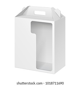 Cardboard Carry Box Packaging For Toy, Electronics, Gift Or Other Products With Window. Illustration Isolated On White Background. Mock Up Template Ready For Your Design. Packing Vector EPS10