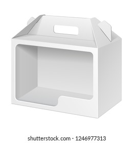 Cardboard Carry Box Packaging For Toy, Electronics, Gift Or Other Products With Window. Illustration Isolated On White Background. Mock Up Template Ready For Your Design. Packing Vector EPS10