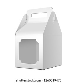 Cardboard Carry Packaging Box For Fast Food Meal, Candy, Cookies, Gift Or Other Products. Illustration Isolated On White Background. Mockup Template Ready For Your Design. Vector EPS10