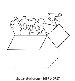 Cardboard carton box with equipment for cleaning home. Ready set with necessary products at supermarket. Concept of international delivery, humanitarian aid, online shopping, storage, stock
