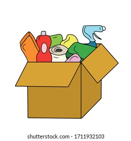 Cardboard carton box with equipment for cleaning home. Ready sts with necessary products at supermerket. Concept of international delivery, humanitarian aid, online shopping, storage, stock