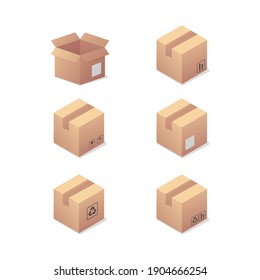 Cardboard carton box set. Delivery and storage. Isometric vector illustration. Isolated on white background. 