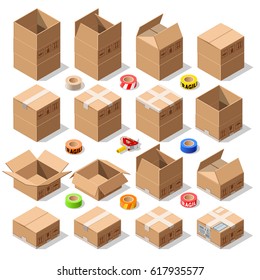 Cardboard carton boxes pack set opened closed supply sealed fragile tape dispenser big & small format. Flat vector isolated white illustration background. Isometric Delivery Infographic holiday gift