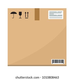 Cardboard carton container box package s side view with labels and tape. Flat vector.