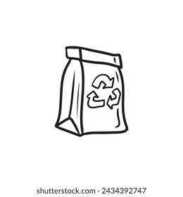 Cardboard carton paper bag that is recycled for products and purchases with recycling sign in black isolated on white background. Hand drawn vector sketch illustration in doodle vintage cartoon style