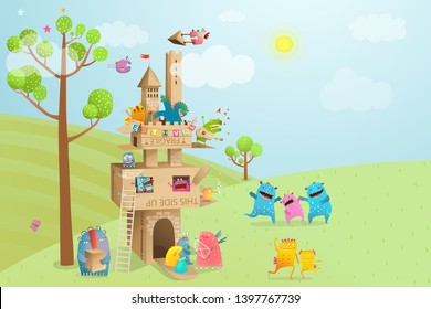 Cardboard Castle Game with Nature Landscape. Summer cardboard house play for kids in nature and funny monsters.