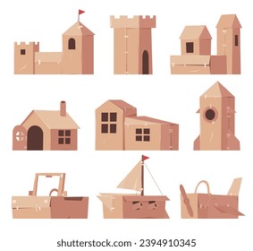 Cardboard castles, transport from them. Decorations for children performances. Cardboard play area. Development of imagination. Vector illustration