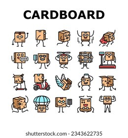 cardboard character box package icons set vector. delivery happy, parcel shipping, smile mail, carton cute, cargo fun, transportation cardboard character box package color line illustrations