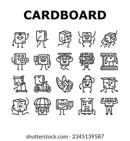 cardboard character box package icons set vector. delivery happy, parcel shipping, smile mail, carton cute, cargo fun, transportation cardboard character box package black contour illustrations
