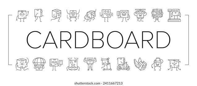 cardboard character box package icons set vector. delivery happy, parcel shipping, smile mail, carton cute, cargo fun, transportation cardboard character box package black line illustrations