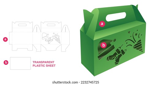 Caja de cartón de la manilla de navidad de la plantilla de corte con lámina de plástico transparente y mofa 3D