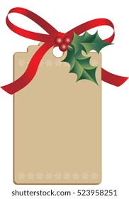 Cardboard Christmas tag with light snowflake border, tied with holly and ribbon, vector