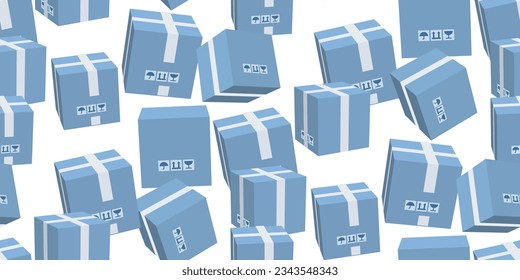 Cardboard closed blue box with scotch tape and labels seamless pattern. Delivery cargo box with fragile care sign symbol, handling with care, protection from water rain. Vector carton packaging box