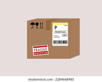 cardboard closed box icon set with symbols isolated on gray background. Render delivery cargo box with fragile care sign symbol, handling with care, protection from water rain.