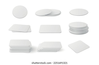 Cardboard coasters for glasses circle squared stack heap set realistic vector illustration. Paper drink mat single and piles serving for table protection. Beverage mug accessory pub restaurant home