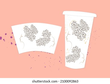 cardboard coffee cup art design poster design. magazine poster coffee design with coffee beans and woman hair and face