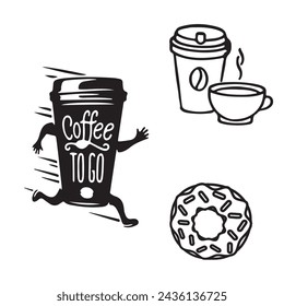 Una taza de café de cartón con piernas y brazos corre. Contorno siluetas de un donut y café en una taza. Logotipo para cafetería, conjunto de iconos EPS 10