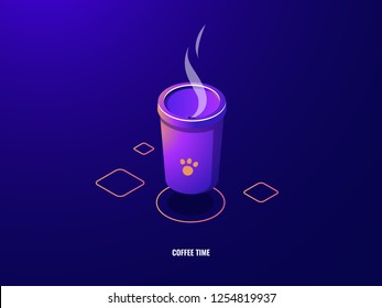 Cardboard coffee Cup, purple gradient, 3D isometry vector