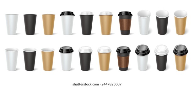 Cardboard coffee cups 3d realistic vector illustration set. Hot drinks disposal mugs design. Coffee to go containers on transparent background