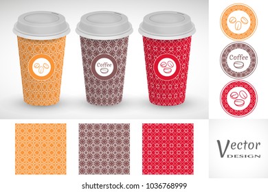 Cardboard coffee cups with emblems or labels and seamless line patterns set. Vector take away coffee packaging templates and isolated design elements for coffee shop in trendy linear style