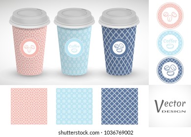 Cardboard coffee cups with emblems or labels and seamless line patterns set. Vector take away coffee packaging templates and isolated design elements for coffee shop in trendy linear style