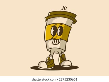 cardboard coffee cups mascot character design with smiling face in vintage color