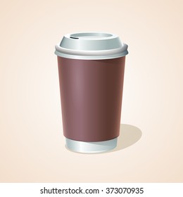 Cardboard coffee / tea paper cup mock up with plastic white lid. Brown paperboard takeaway mug. Realistic vector illustration.