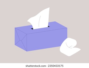 A cardboard container holding single-use paper tissues