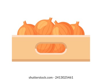 Cardboard corrugated box with onion. Vector clipart isolated on white background.