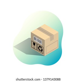 Cardboard corrugated box with shadow on bright gradient spot. Shipping icon for online store. Isometric vector illustration isolated on white background.